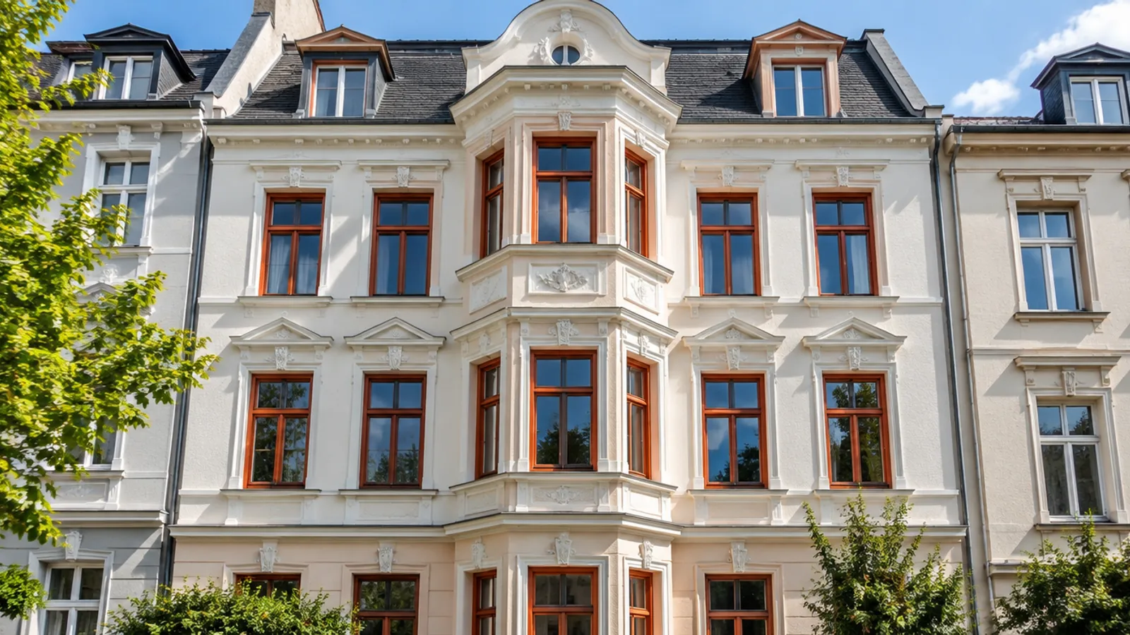 Frisch gestrichene Gründerzeitfassade in warmem Weiß mit Erker, Stuck und Holzfenstern (Beispielprojekt)