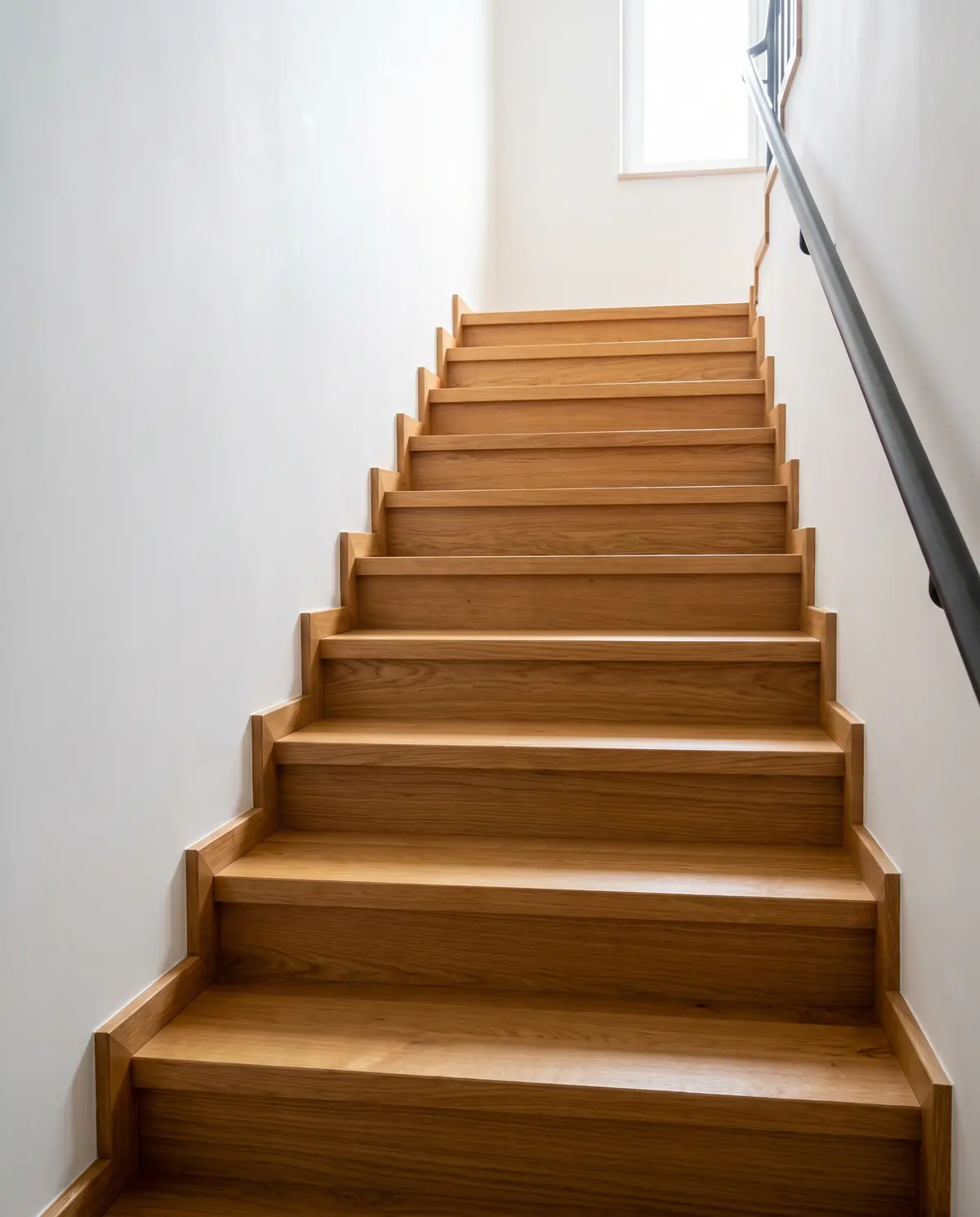 Gerade Treppe mit neuen, geölten Eichenstufen und passenden Sockelleisten an einer weißen Wand, Tageslicht von oben