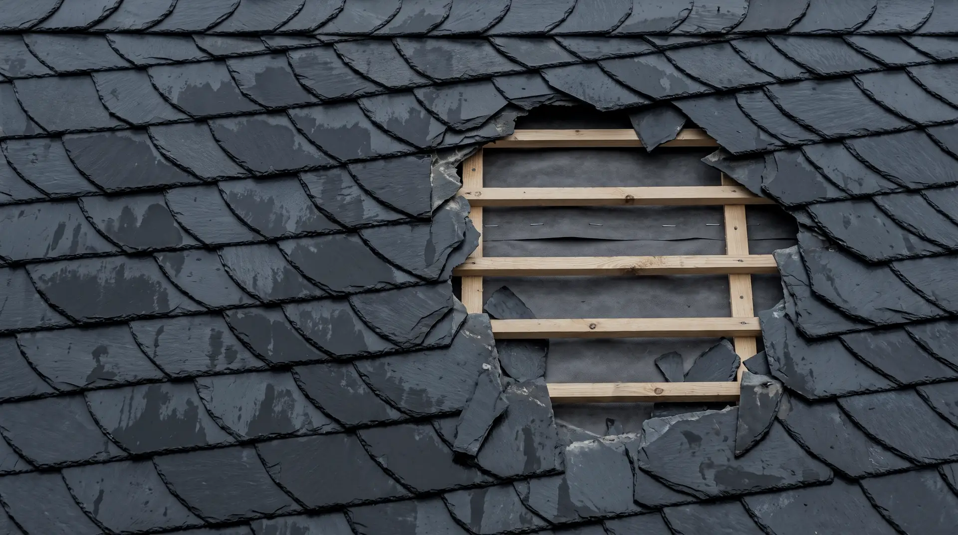 Schieferdach in Altdeutscher Deckung nach einem Sturm; rechts fehlen mehrere Platten, Lattung und Unterspannbahn liegen offen