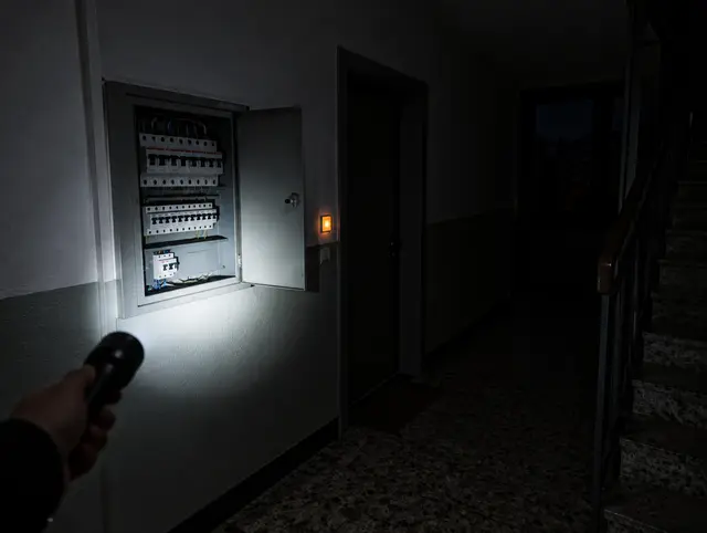 Dunkles Treppenhaus bei Stromausfall, eine Taschenlampe leuchtet in den offenen Sicherungskasten (Beispielbild)