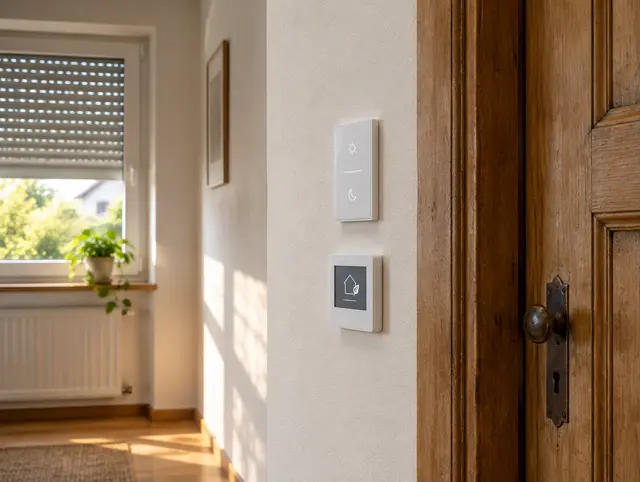 Smarter Wandschalter und Raumthermostat an einer frisch gestrichenen Flurwand neben einer alten Holztür (Beispielbild)