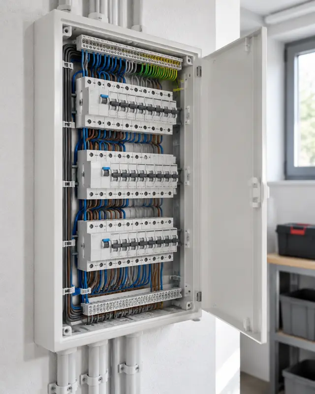 Neu verdrahteter Verteilerkasten mit Leitungsschutzschaltern, Leitungen sauber gebündelt (Beispielbild)