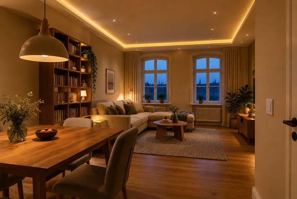 Wohnzimmer am Abend mit Einbauspots, indirektem Deckenlicht und Pendelleuchte über dem Esstisch (Beispielbild)