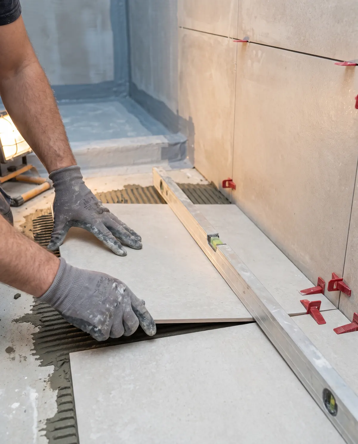 Hände in Arbeitshandschuhen setzen eine große hellgraue Feinsteinzeugplatte ins Kleberbett, rote Nivellierclips in den Fugen, eine Wasserwaage liegt quer, hinten die grau abgedichtete Dusche mit Dichtband in der Ecke