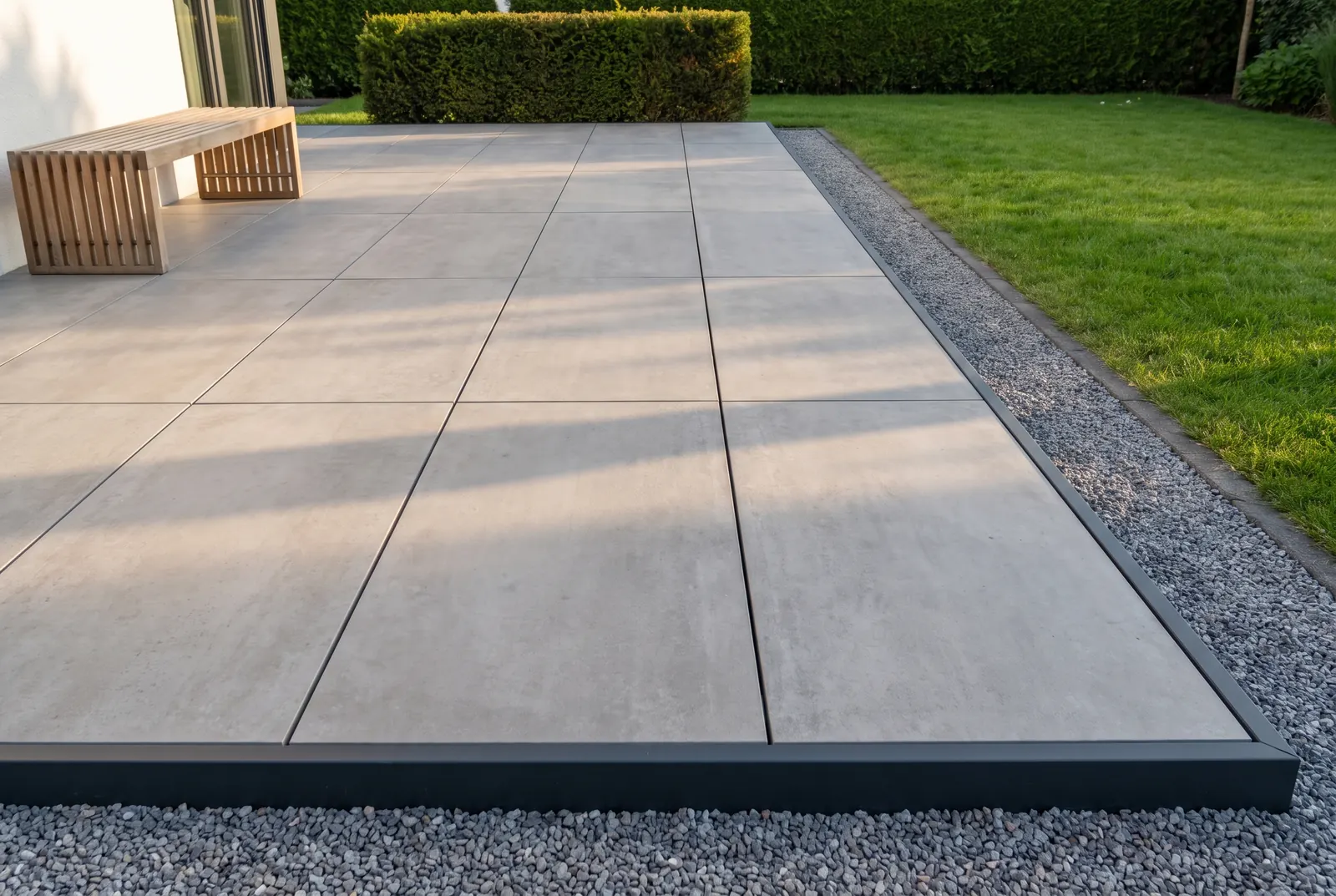 Neu verlegte Terrasse aus großen hellgrauen Feinsteinzeugplatten mit geraden, offenen Fugen, dunkles Randprofil, Kiesstreifen zum Rasen, Holzbank, Abendsonne