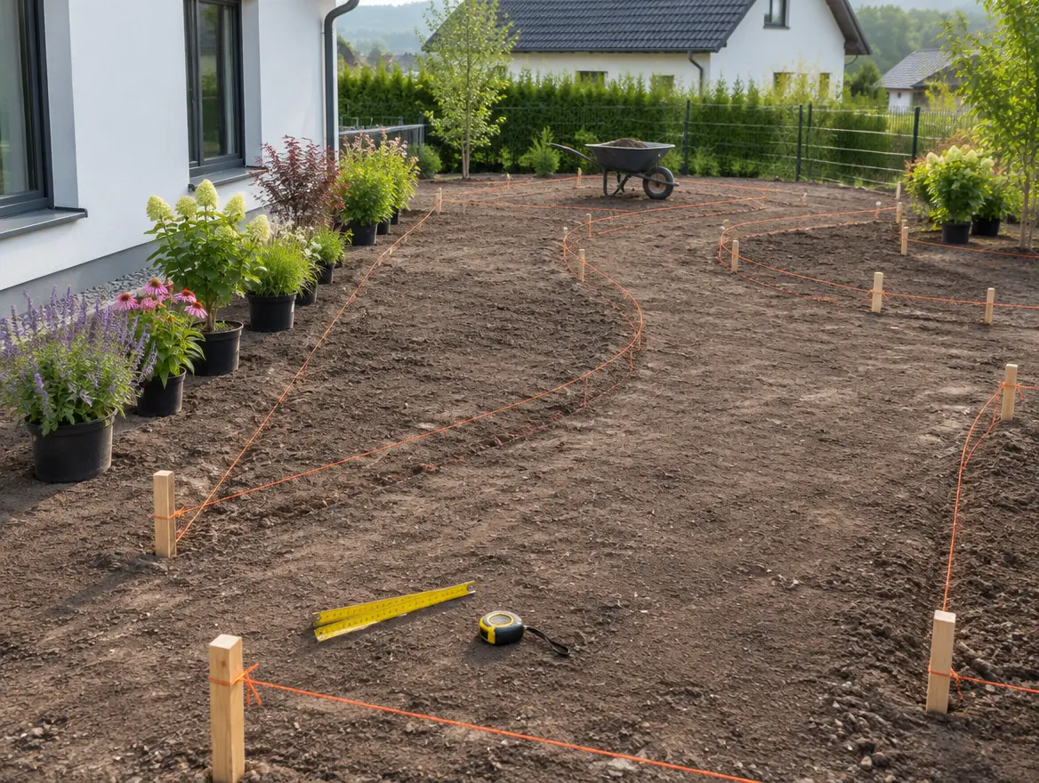 Abgesteckter Garten: Holzpflöcke und orange Schnüre zeigen den künftigen Weg und die Beete, Stauden warten in Töpfen