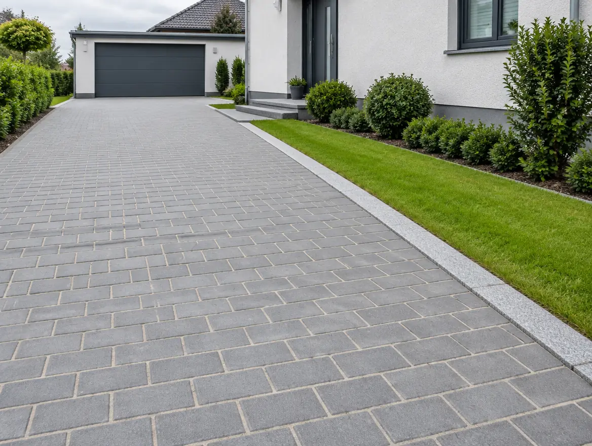 Neu gepflasterte Einfahrt aus grauem Betonpflaster im Läuferverband, Granit-Bordstein und Rasenstreifen vor einem Einfamilienhaus