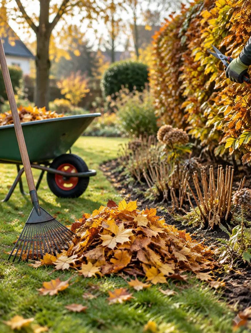 Herbstpflege: zusammengerechtes Laub, Rechen und Schubkarre, zurückgeschnittene Stauden vor einer Buchenhecke