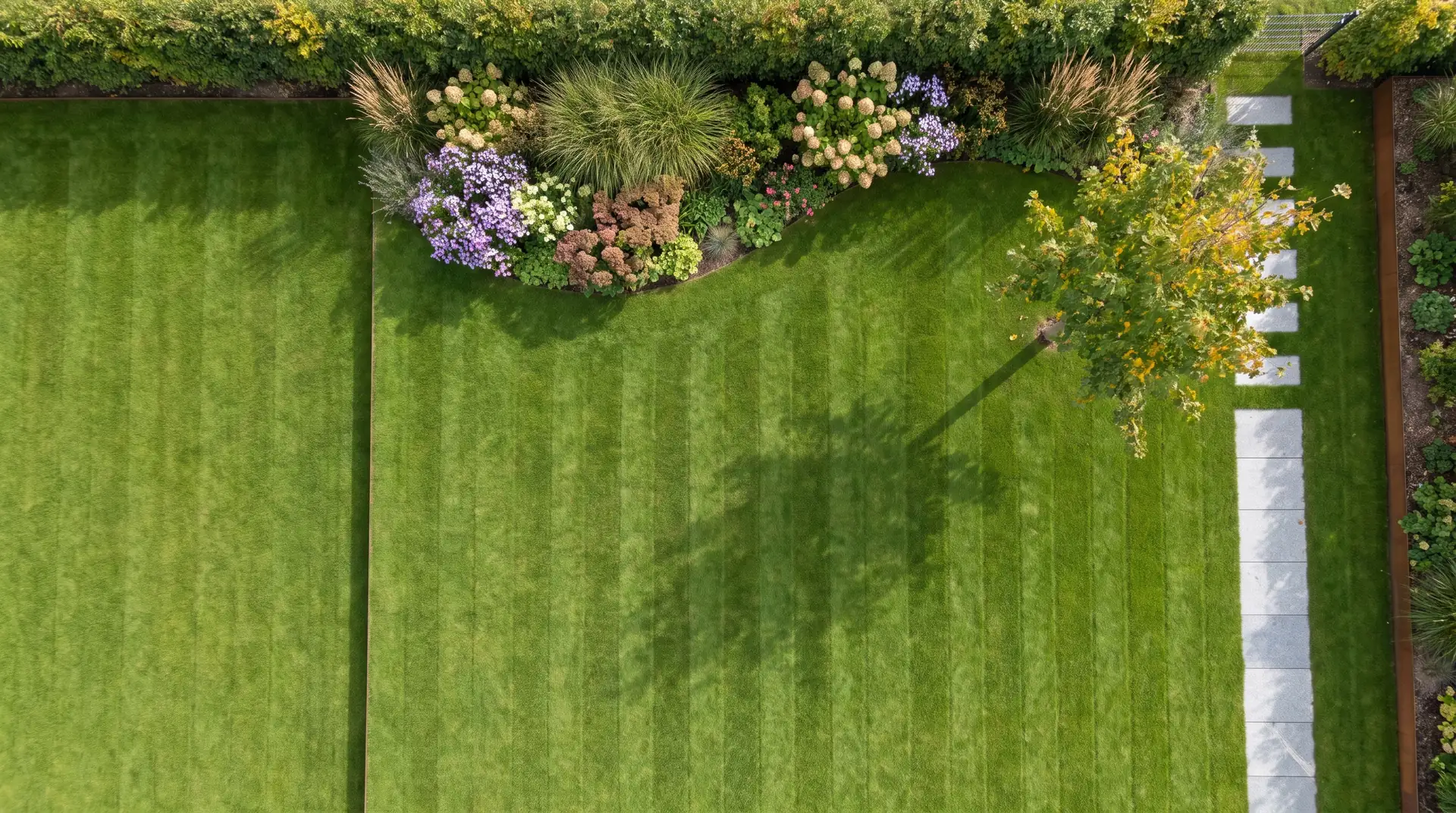 Luftaufnahme eines gepflegten Hausgartens: gestreifter Rasen, Staudenbeet an der Hecke, ein Feldahorn mit langem Schatten und ein Weg aus hellen Granitplatten