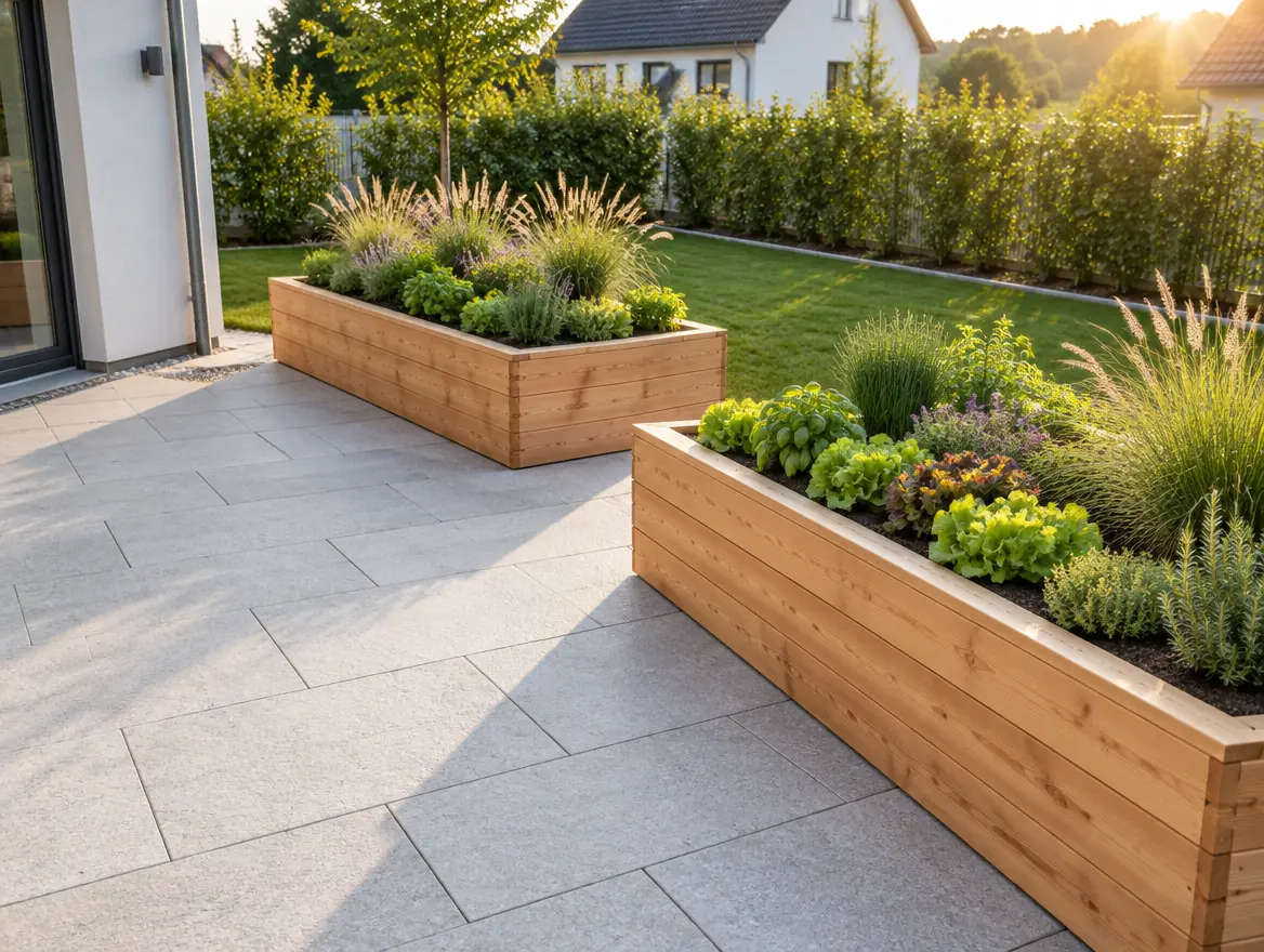 Neue Terrasse aus großen hellgrauen Granitplatten mit zwei Hochbeeten aus Lärchenholz, bepflanzt mit Kräutern und Gräsern