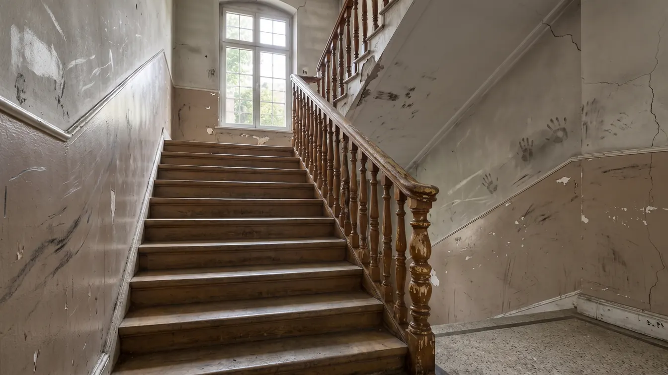 Vorher (Beispiel): Treppenhaus mit verschmierten Wänden, Handabdrücken und abgeplatztem Sockelanstrich