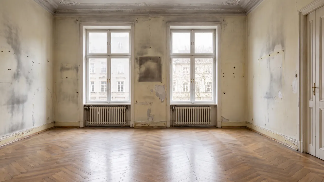 Vorher (Beispiel): leerer Altbau-Wohnraum mit vergilbten, fleckigen Wänden und Dübellöchern