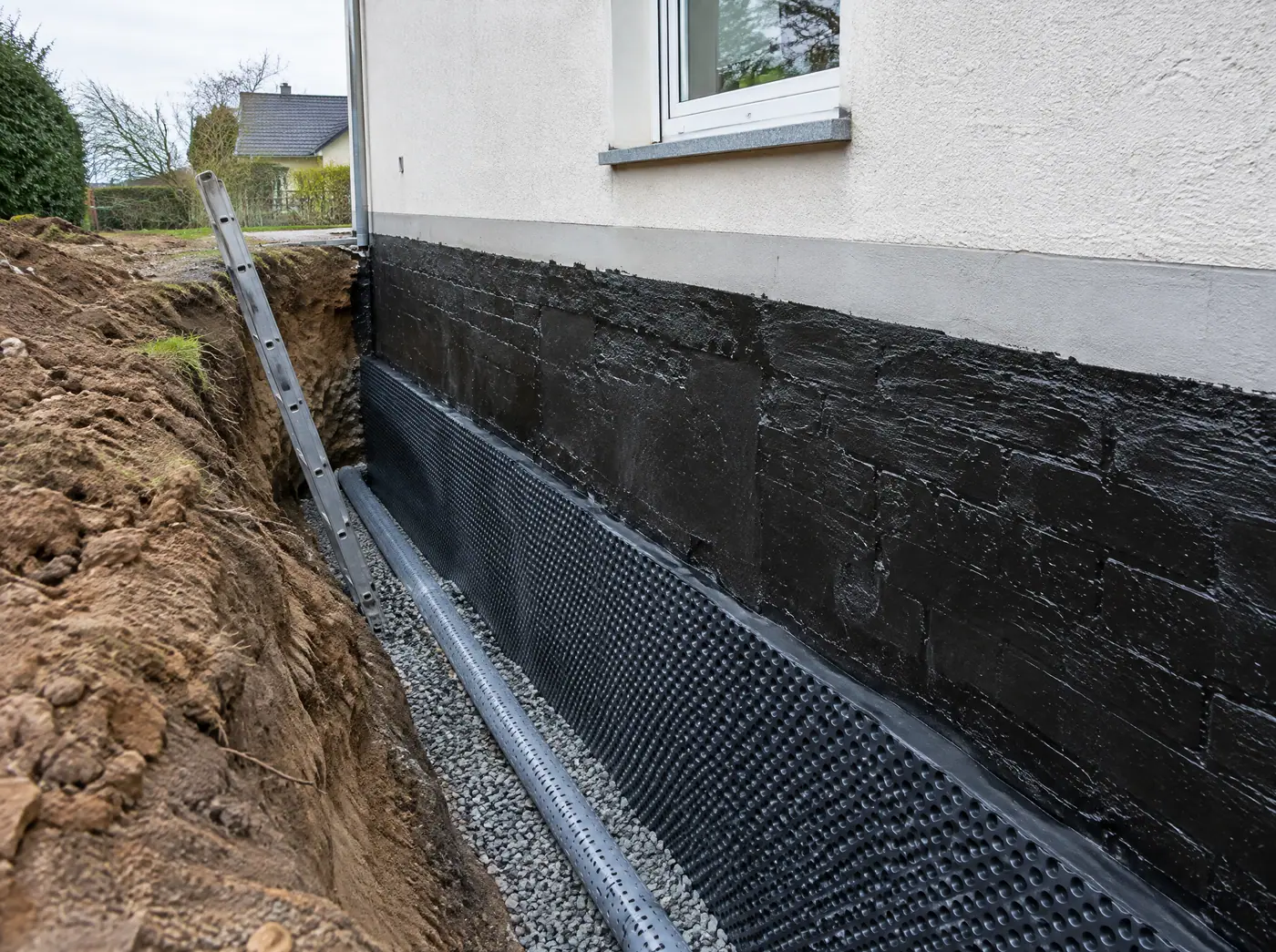 Freigelegte Kellerwand eines Altbaus, schwarz abgedichtet, unten Noppenbahn, im Graben ein Drainagerohr im Kies