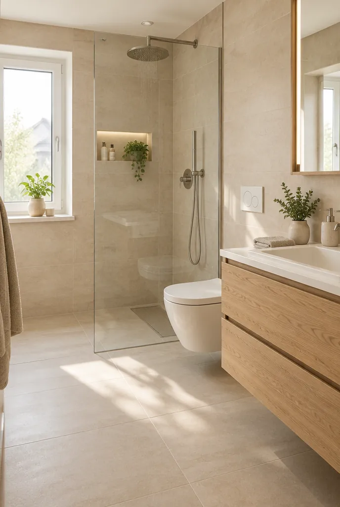 Neues Bad in warmem Beige mit bodengleicher Dusche, Regenbrause, wandhängendem WC und Waschtisch aus Eiche