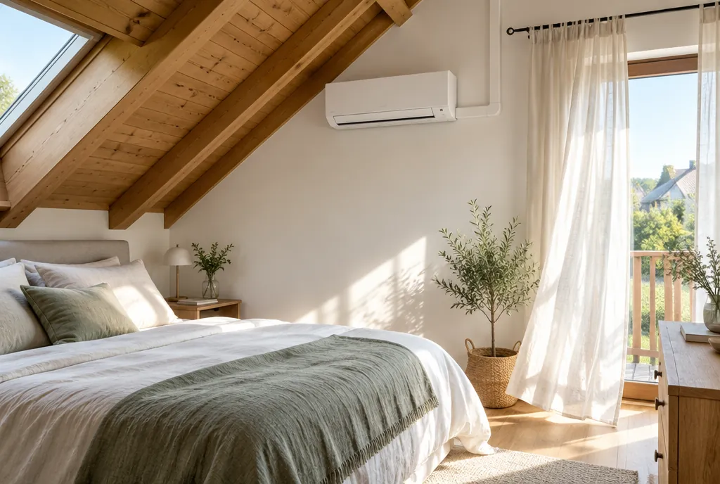 Helles Schlafzimmer im Dachgeschoss mit Holzbalken und einem schlanken weißen Klimagerät an der Wand
