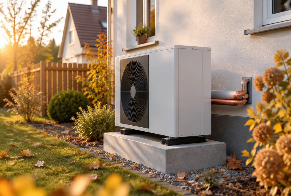 Weiße Wärmepumpe auf einem Betonsockel neben einem verputzten Einfamilienhaus im Herbstlicht