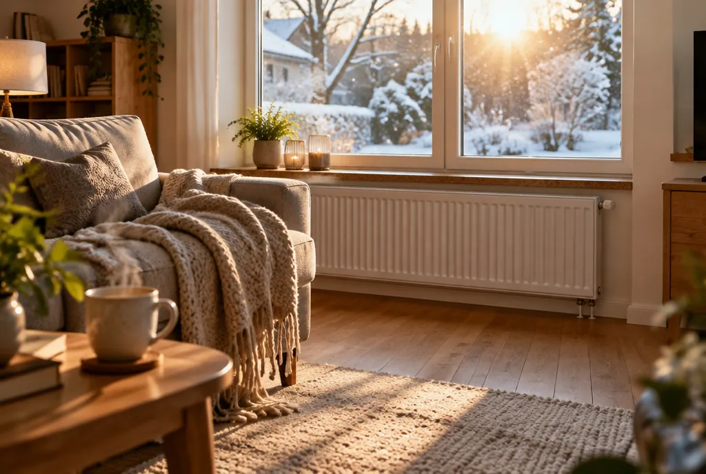Warmes Wohnzimmer im Winter: Sonne durchs Fenster, Schnee draußen, Heizkörper unter dem Fenster, Tee auf dem Tisch