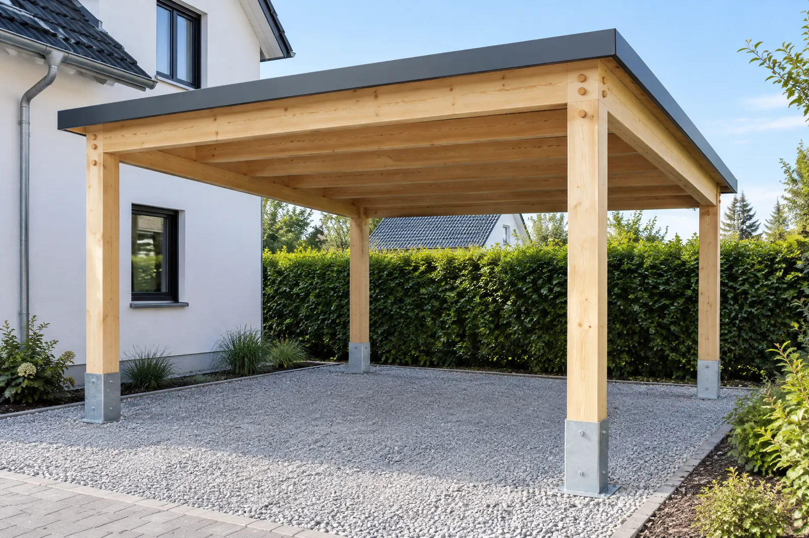 Freistehender Carport aus hellem Brettschichtholz mit vier Pfosten auf verzinkten Pfostenschuhen und Flachdach mit dunkler Blende, daneben ein weißes Haus